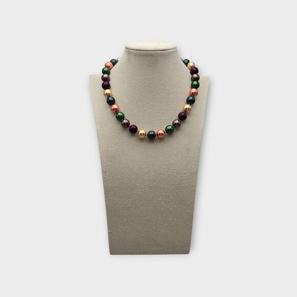 Red Gold Champagne Multi Color Pearl Beaded Statement Necklace Y2K Holiday Glam - Picture 8 of 8